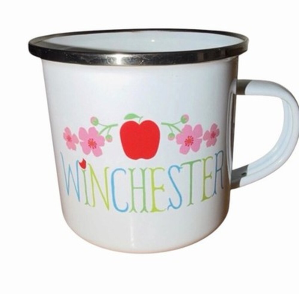 Vintage White Enamel Camp Style Coffee Mug "winchester" Floral Apple Retro